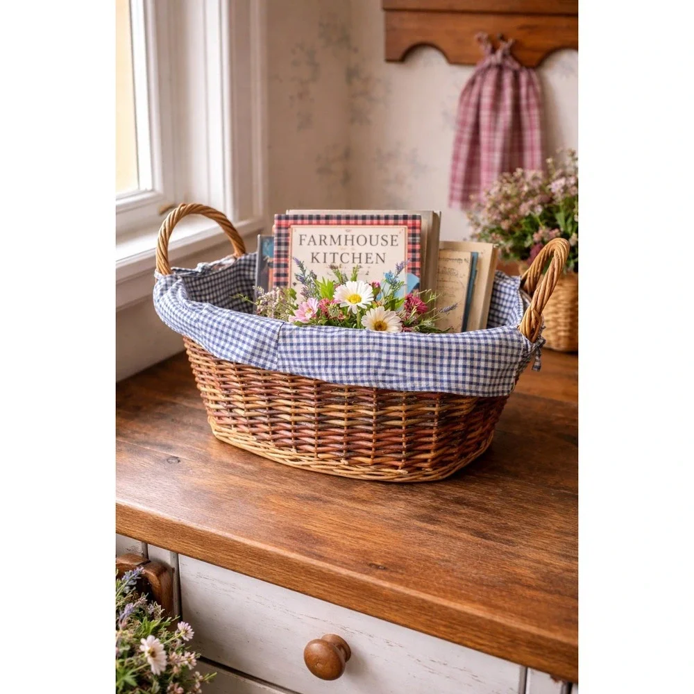 Vintage Wicker‎ Basket w/ Blue Gingham Liner Farmhouse Country Decor